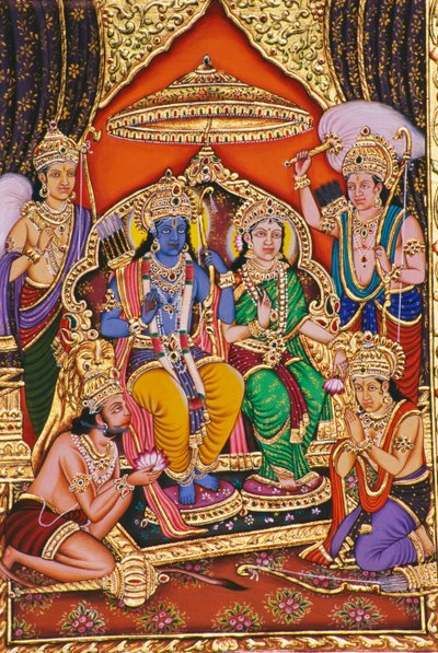 Ram Darbar Miniatuurschilderij op papier met reliëf door School Indian