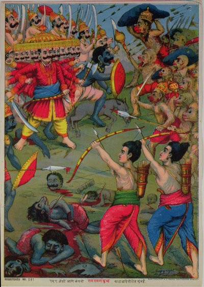 Rama en Lakshmana in gevecht met Ravana, Ramayana epos, ca. 1914 (chromolitho) door School Indian