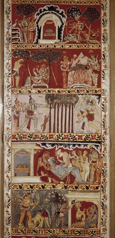 Scènes uit de Ramayana, episch gedicht samengesteld in de 6e eeuw door Valmiki en vertelt de legende van Rama. West-Bengalen. Victoria & Albert Bibliotheek. Londen door School Indian