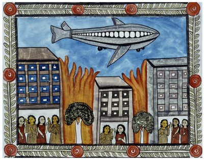 Het verhaal van de aanslagen van 11 september 2001 verteld door de straatverkopers Baul uit Bengalen. Schilderij, serie, nummer 6/9, Bengalen. door School Indian