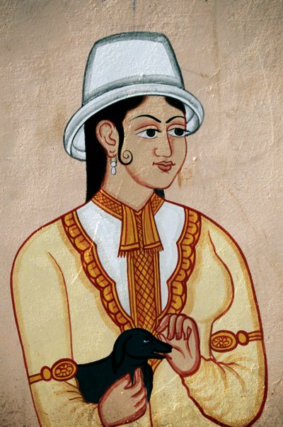 Muurschildering van Britse dame met puppy, Jaipur, Rajasthan, India door School Indian