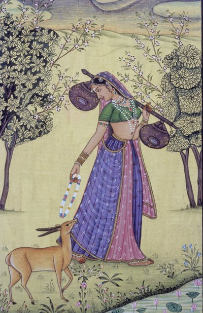 Vrouw met Rudra Veena en Bloemenslinger Miniatuurschilderij, India door School Indian