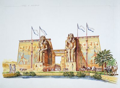 Oud Thebe - reconstructie van de beelden van Amemhotep III, bekend als de Kolossen van Memnon, ten tijde van Ramses II door School Italian