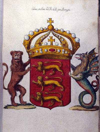 Wapen van de Britse koninklijke familie siert een kroon, een leeuw en een fantastisch wezen. Staatsarchief, Milaan door School Italian