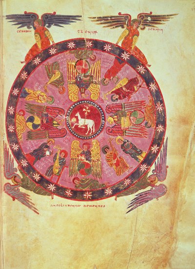 Ms. M. 644 f.87 Openbaring 4:4 Aanbidding van het Lam door de vierentwintig oudsten, kopie uit het 