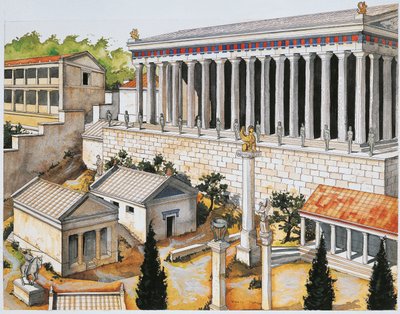 Reconstructie van het Apollo-heiligdom, Delphi, 8e tot 3e eeuw v.Chr. door School Italian