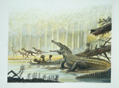 Rutiodon met Fabrosaurus op de achtergrond, Trias-periode door School Italian