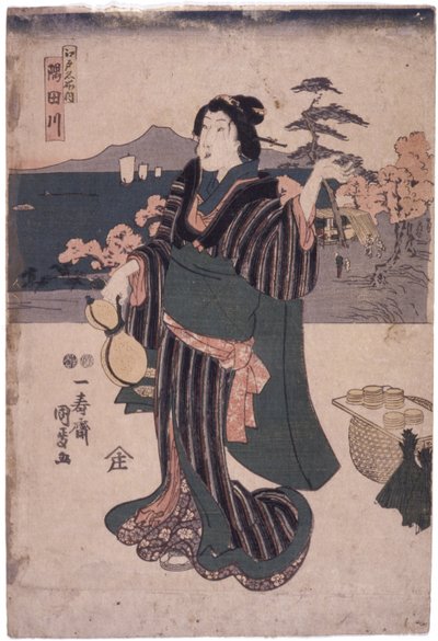 Edo Meisho Uchi: Sumidagawa (vrouw met kalebas) door School Japanese