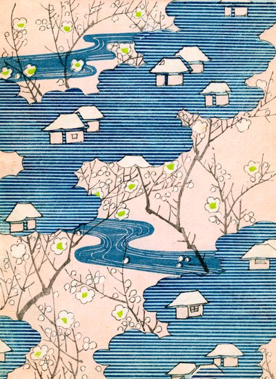 Patroon voor een Kimono-ontwerp: Huisjes met rivieren en kersenbloesems, c.1900 door School Japanese