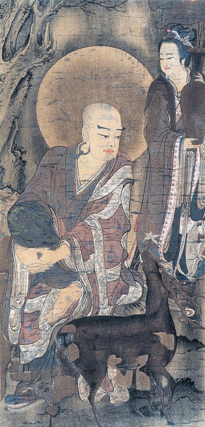 Religieus schilderij van jonge monnik met hinde, schilderij op zijde, Japanse beschaving, Heian-periode, 794-1185 door School Japanese