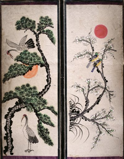Twee panelen van een achtvoudig scherm met vogels en bloemen (natuurlijke pigmenten op papier) door School Korean