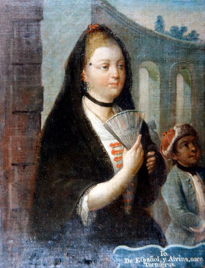 Een Portret van een Dame met een Zwarte Sluier die een Waaier Vasthoudt door School Mexican