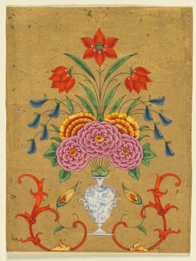 Vaas met bloemstuk en rolwerk, ca. 1750-1800 (dekkende aquarel met goud op papier) door School Mughal