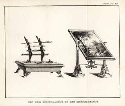 Lezen lessenaar met landschap en inktstandaard met inktpot en ganzenveren door School Netherlandish