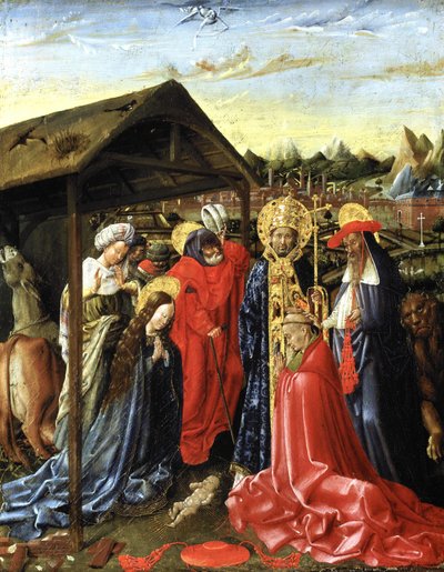 De Geboorte met SS. Sixtus (?) en Jerome en een kardinaal door School Netherlandish