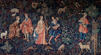 Het gordijn van de Heerlijkheid Leven: een galante scène door School Netherlandish