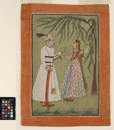 Een heerser trekt aan een haarlok van een dame die zich aan een boom vasthoudt, c.1705 door School Pahari
