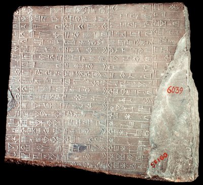 Mesopotamië: kalkstenen stèle met inscripties in het Akkadisch ter herdenking van de werken uitgevoerd ter ere van de god Inshushinak en de geschenken aan hem gegeven; Iran, Susa, 2100 v.Chr. door School Persian