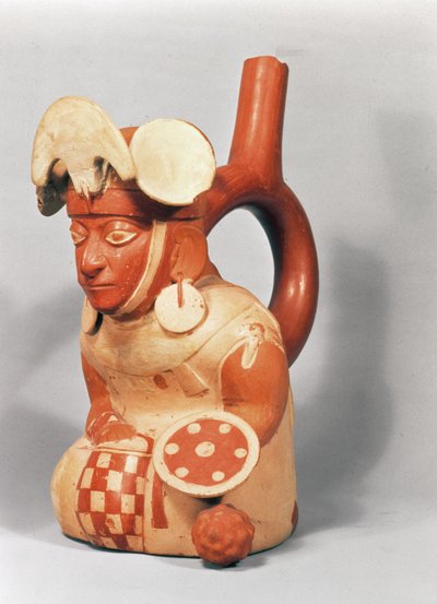 Mochicaanse stijgbeugelkruik in de vorm van een krijger door School Peruvian