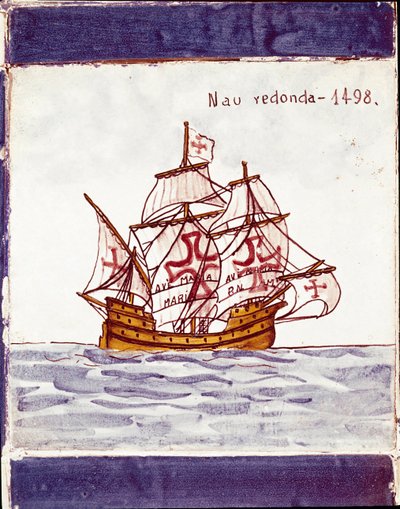 Voorstelling van een karveel (schip) van de Portugese vloot (tekening op keramiek) door School Portuguese