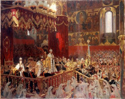 Kroning van Nicolaas II in 1896 in de Oesensky-kathedraal in Moskou door School Russian