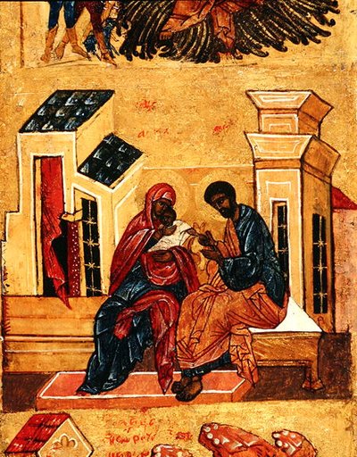 Icoon met de Maagd en haar ouders, Joachim en Anna, c.1550 (detail) door School Russian