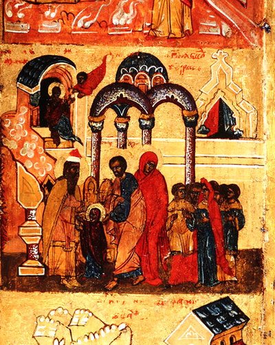 Icoon die de kindertijd van de Maagd en haar toewijding aan God toont, ca. 1550 (detail) door School Russian