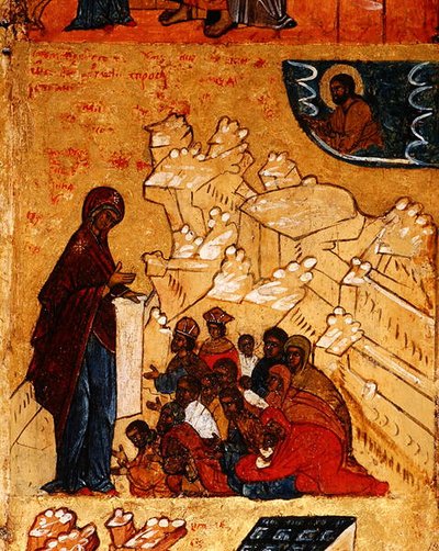 Icoon met de wonderbaarlijke verschijning van de Maagd aan Prins Andrei Bogoliubski in 1155 (detail) door School Russian