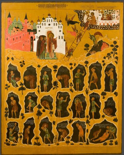 ""De visie van Sint Jan Climacus"" Rechtsboven is de heilige ladder van Sint Jan de Sinaïet afgebeeld - Ze toont de monniken die de top van de ladder bereiken en degenen die in de hel vallen - Russische icoon uit het begin van de 16e eeuw door School Russian