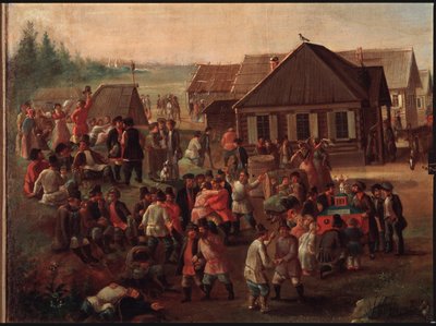 De openbare festiviteiten in het dorp Alexeevskoye door School Russian