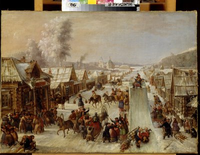 Vastenavond. Scène van traditionele festiviteiten en volksvreugde in een besneeuwde straat van een klein stadje met houten huizen door School Russian