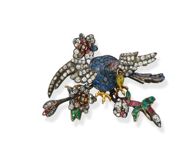 Zeldzame multi-edelsteen adelaar broche, c.1750 (diamanten, smaragden, robijnen, saffieren, zilver & goud) door School Russian