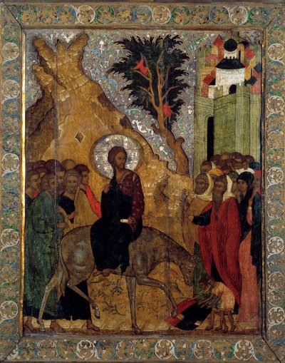 De intocht van Christus in Jeruzalem. Russische icoon uit 1560 door School Russian