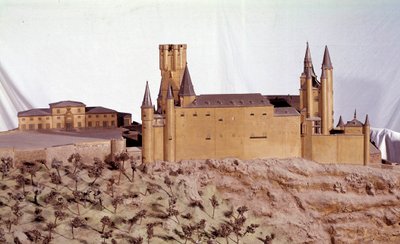 Militaire architectuur: miniatuurmodel van het Koninklijk Alcazar van Segovia gebouwd door koning Alfonso VI van Castilië. Madrid Legermuseum door School Spanish