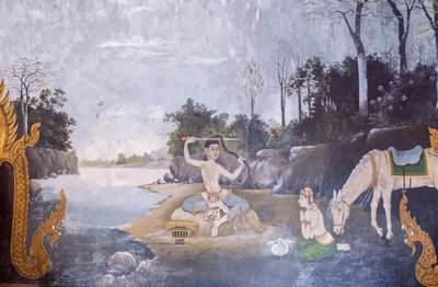 Fresco die een scène uit het leven van Boeddha uitbeeldt, Wat Phra That Doi Suthep tempel door School Thai
