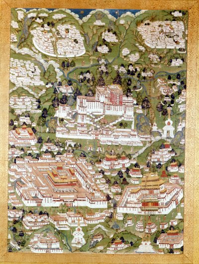 Voorstelling van de stad Lhasa, Tibetaans Thai-Ka, Guimet Museum, Parijs door School Tibetan