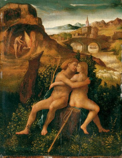 Venus en Mars in een rivierlandschap met Vulcan aan het werk in zijn smederij, c.1500 door School Venetian