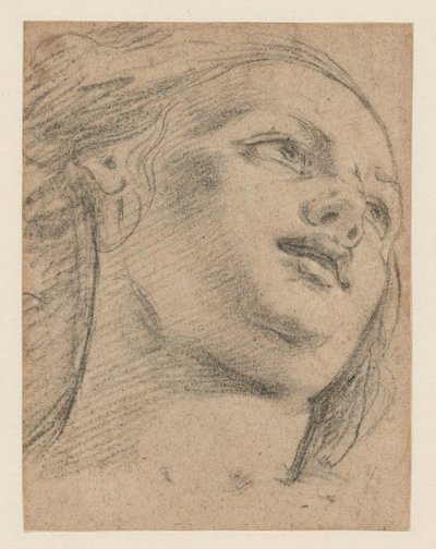 Studie van vrouwelijk hoofd kijkend naar rechts (recto); Studie van twee figuren die een object ondersteunen (verso) door School of Guido Reni