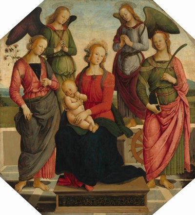 Madonna en Kind met Twee Engelen, Sint Rosa en Sint Catharina van Alexandrië door School of Perugino