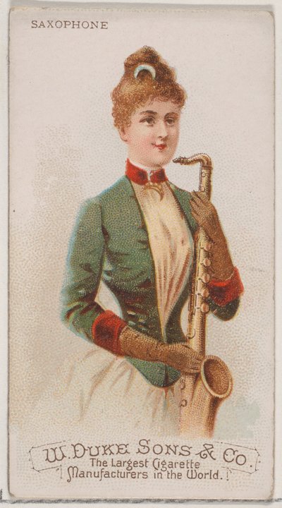 Saxofoon, uit de serie Muziekinstrumenten N82 voor Duke sigaretten, 1888 door Schumacher and Ettlinger