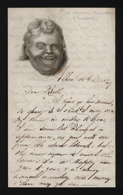Brief geschreven op schrijfpapier met het gezicht van een lachende man door Scottish School