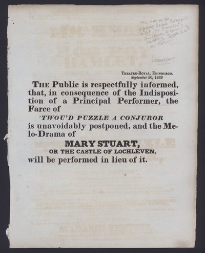 Kennisgeving van een wijziging in de aangekondigde voorstelling in het Theatre Royal, Edinburgh, 30 september 1829 door Scottish School