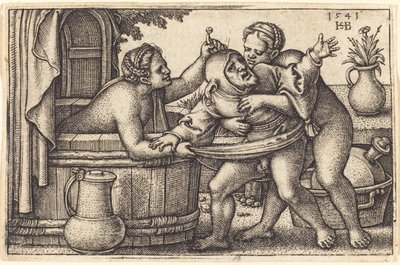 Clown en Twee Vrouwen die Baden door Sebald Beham