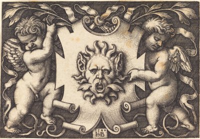 Masker vastgehouden door twee genii door Sebald Beham