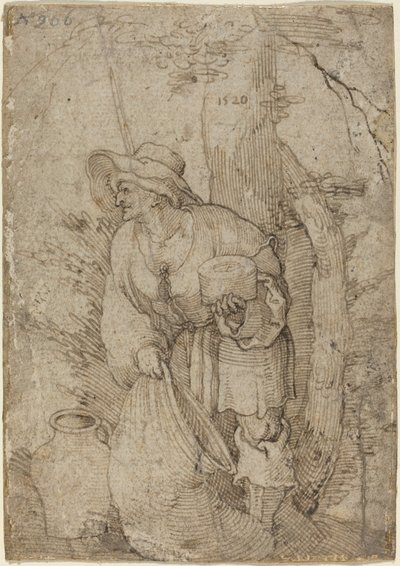 Oude man staand onder boom door Sebald Beham