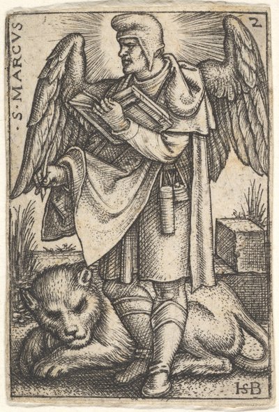 Plaat 2: Sint Marcus, zijn hoofd in profiel naar links gedraaid, met een open boek in zijn rechterhand door Sebald Beham