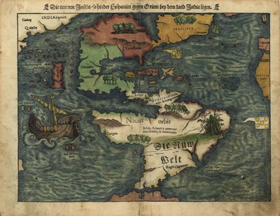De nieuwe eilanden die liggen tussen Hispania en de Oriënt in de buurt van het land India. LOC 2005630224 door Sebastian Munster