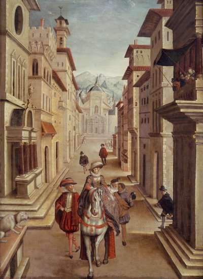 Elegante figuren in een Italiaanse renaissance straat door Sebastian Vrancx