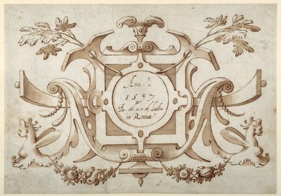 Bandwerk cartouche geassocieerd met de set van zijn Romeinse Zichten door Sebastian Vrancx