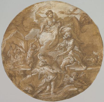 Venus bij de smidse van Vulcanus (recto), Schetsen met twee putti (verso), ca. 1716-18 door Sebastiano Conca